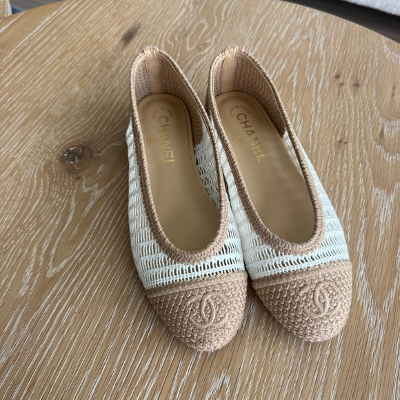 CHANEL Shoes - CHANEL Beige and White Crochet Logo Ballet Flats